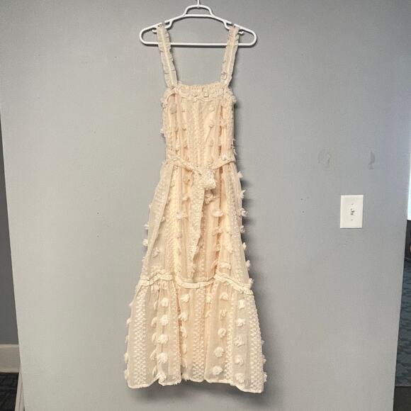 A Calin Maxi Dress Womens Small Cream Swiss Dot Pom-Pom Boho Feminine Elegant - Picture 4 of 11